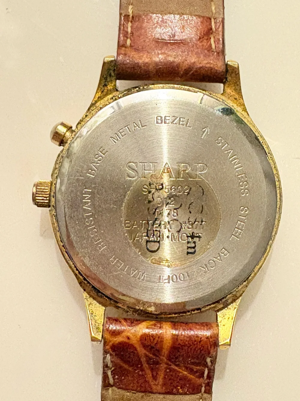 SHARP Opti-Glo Quartz 100ft WR Gold Tone SS Brown Leather White Dial Watch